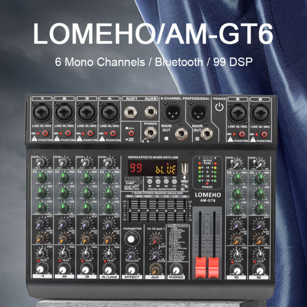 Mezclador de sonido EQ de 7 bandas, 99 efectos, 6 Mono Individual, 48V, consola de mezcla de Audio, reproducción USB, grabación, Bluetooth, 2 AUX, Control de DJ, AM-GT6 - Imagen 2