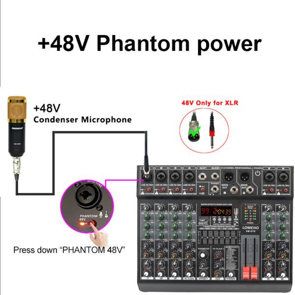 Mezclador de sonido EQ de 7 bandas, 99 efectos, 6 Mono Individual, 48V, consola de mezcla de Audio, reproducción USB, grabación, Bluetooth, 2 AUX, Control de DJ, AM-GT6 - Imagen 4