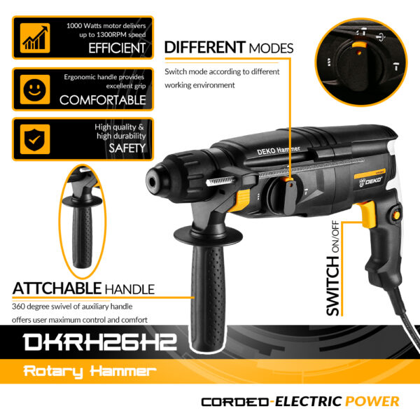 DEKO-martillo rotativo multifuncional DKRH26H2/DKRH20H3/GJ181, con BMC y 6 accesorios de piezas, martillo de demolición eléctrico, taladro de impacto - Imagen 3