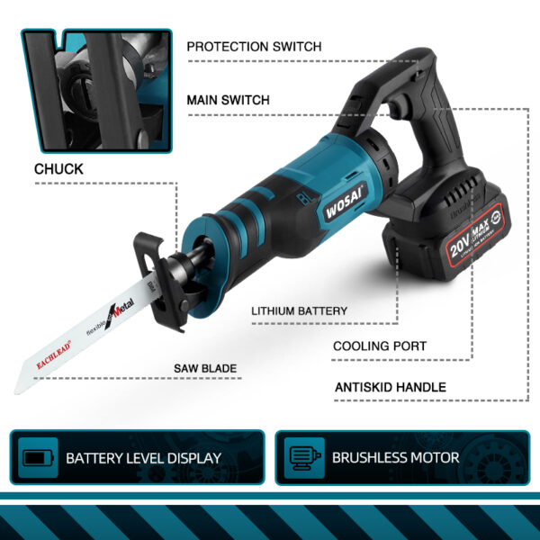 WOSAI-Sierra alternante sin escobillas, herramienta eléctrica inalámbrica portátil, 20V, ajustable, tres modos de orientación - Imagen 2