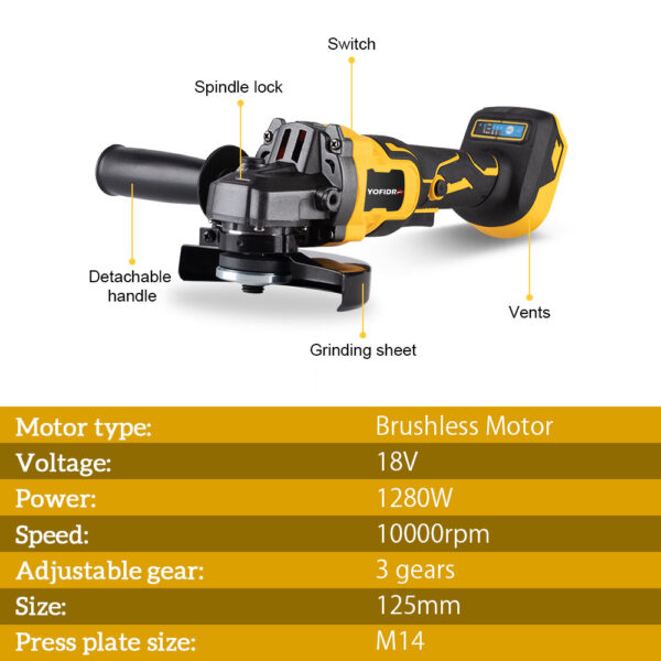 Amoladora angular sin escobillas, herramienta de molienda de impacto eléctrica inalámbrica, 125mm, 18V, M14, 10000Rpm, 3 engranajes variables para batería Makita de 18V - Imagen 6