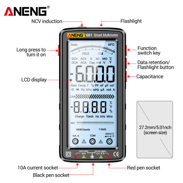 ANENG-multímetro Digital profesional recargable 681, probador de voltaje sin contacto, medidor de voltaje CA/CC, pantalla LCD, probador de corriente - Imagen 4