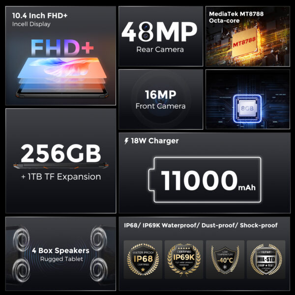FOSSiBOT-Tableta DT1 de 10,4 pulgadas, Tablet resistente con Android 13, pantalla 2K, 8GB, 256GB, 11000mAh, 18W, carga rápida, cámara de 48MP - Imagen 2