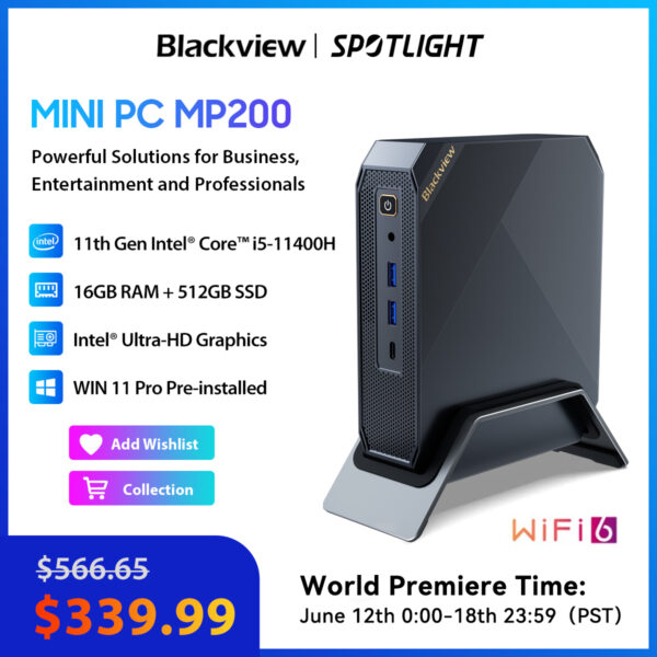 Blackview-Mini PC MP200 Intel, ordenador de escritorio de I5-11400H de 11. ª generación, hasta 4,5 GHz, 16GB, DDR4, 512GB, SSD, Windows 11 Pro, Wifi 6, 4K, DH