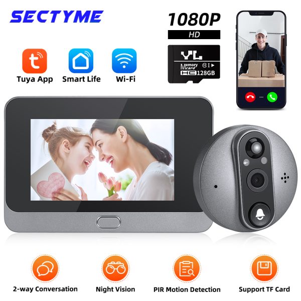 Sectyme-timbre de puerta inteligente Tuya con WiFi, mirilla con cámara de 1080 mAh, Audio de 5000 pulgadas, visión nocturna infrarroja PIR, visor Digital, 4,3 P